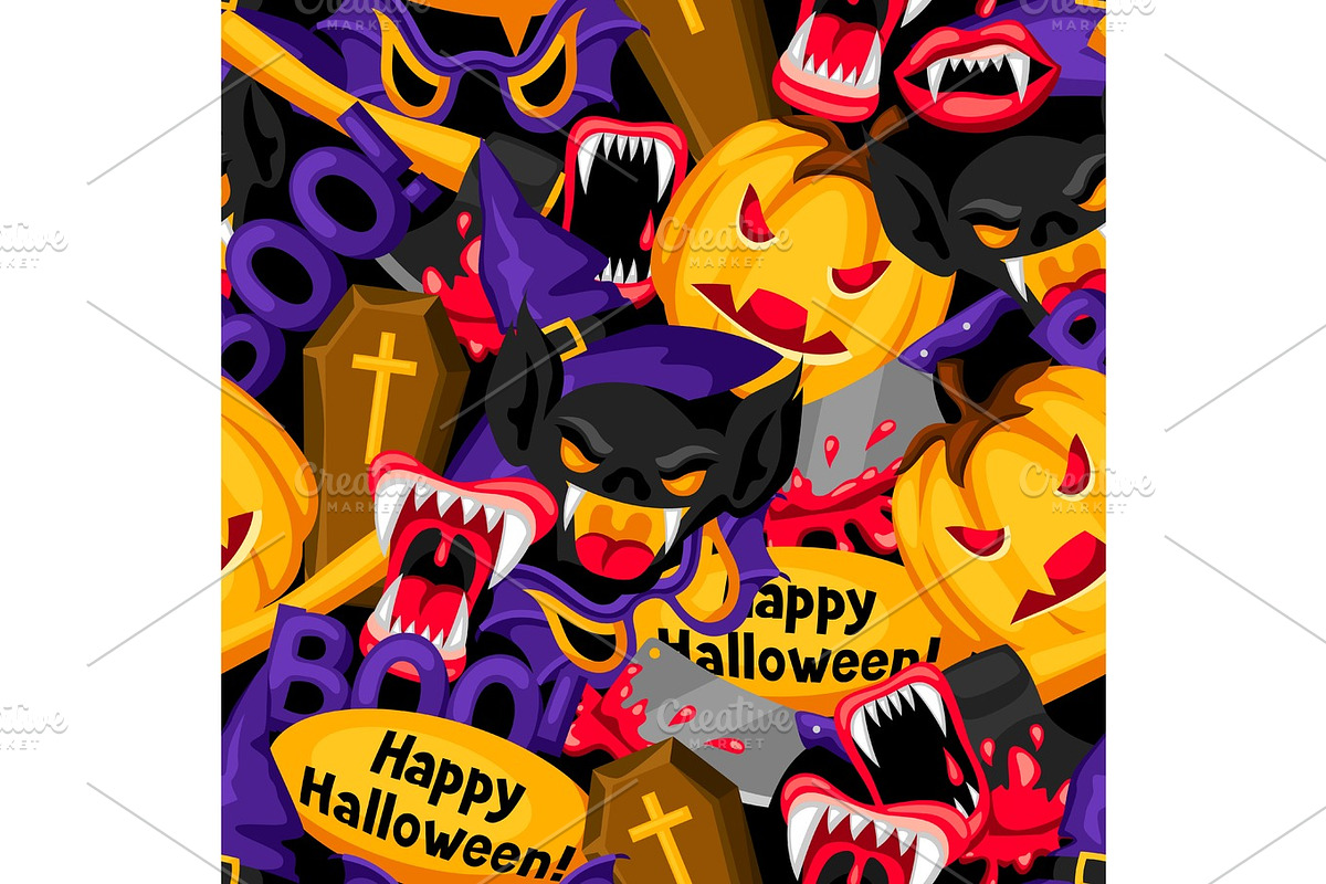 Happy Halloween seamless pattern with cartoon holiday symbols in Patterns - product preview 8