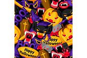 Happy Halloween seamless pattern with cartoon holiday symbols