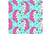 Cute childish seamless pattern with cartoon character of magic unicorn