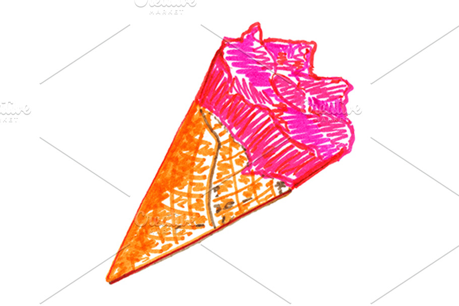 Pink ice-cream waffle sweet sketch in Illustrations - product preview 8