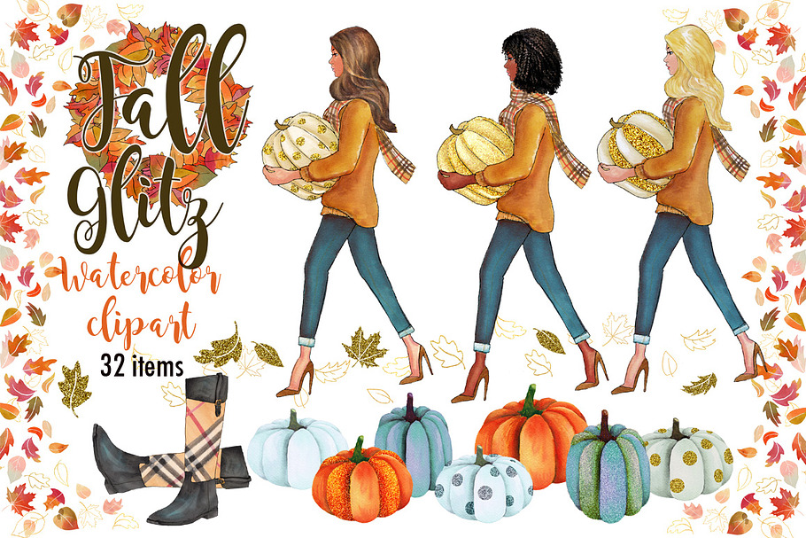 Fall Glitz Watercolor Clipart in Illustrations - product preview 8