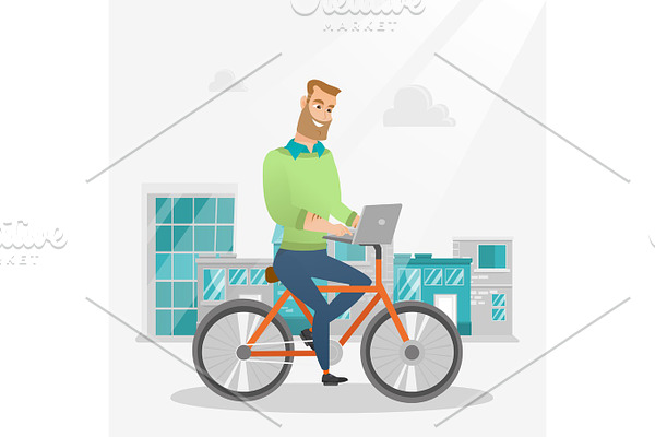 Businessman riding a bicycle with a laptop.