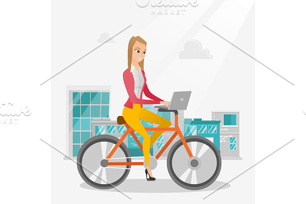 Business woman riding a bicycle with a laptop.