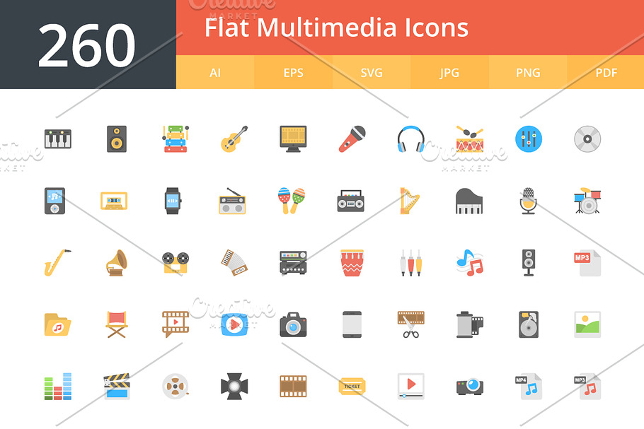 260 Flat Multimedia Icons