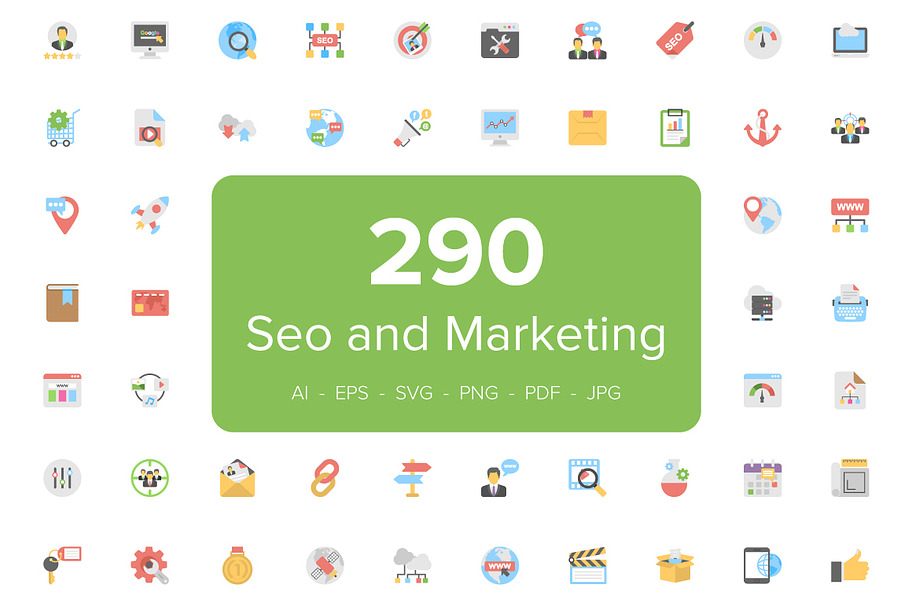 290 Flat Seo and Marketing Icons