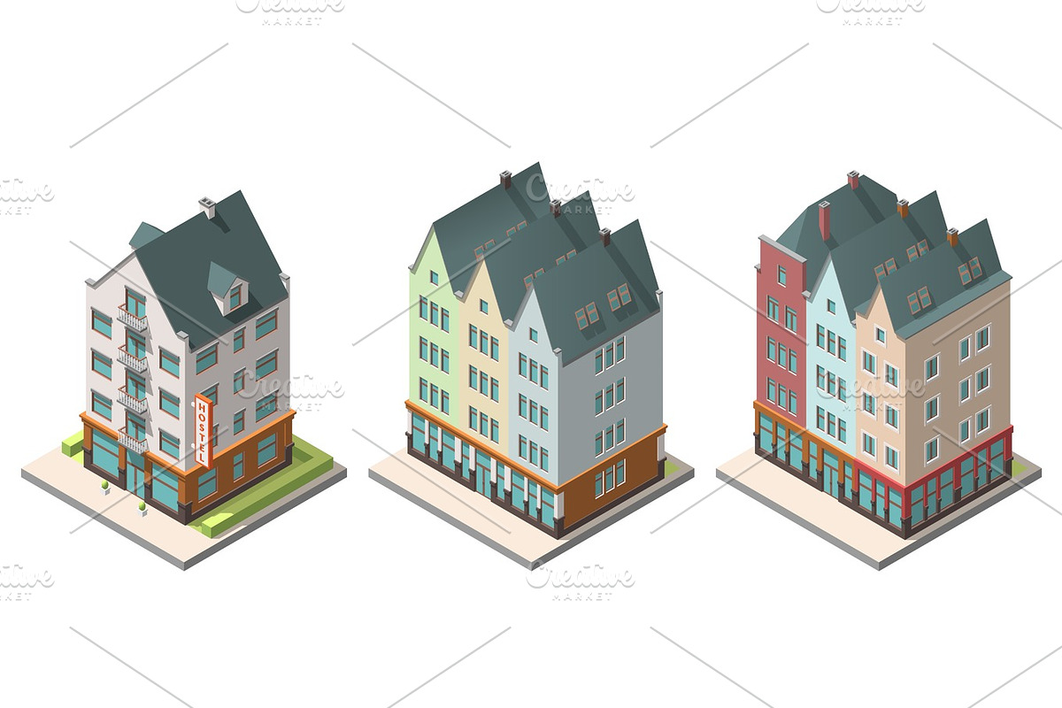 Vector isometric buildings set. Isolated on white background. Included hotel, residential building in Illustrations - product preview 8