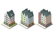 Vector isometric buildings set. Isolated on white background. Included hotel, residential building