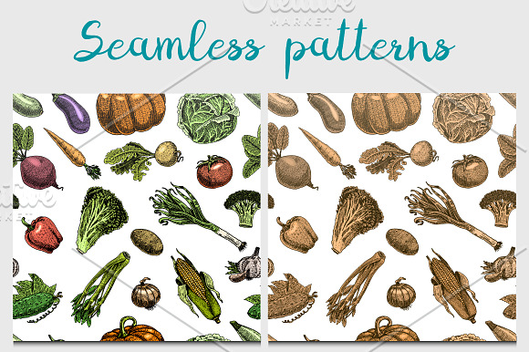 Fresh vegetables background with space for text, hand drawn or engraved, vintage, retro looking plants, vegetarian and healthy food in Textures - product preview 3