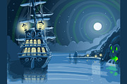 Nocturnal Island with Pirate Galleon