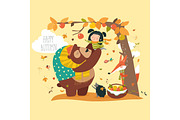 Funny bear with cute girl harvesting apples