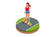 Isometric girl riding on hover board or gyroscooter outdoors in summer. Active life concept. Most popular gadget of the year. Alternative Eco Transport Self-balancing electric scooter.
