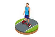 Isometric man riding on hover board or gyroscooter outdoors in summer. Active life concept. Most popular gadget of the year. Alternative Eco Transport Self-balancing electric scooter.
