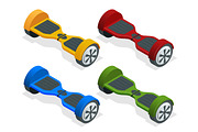 Isometric hoverboard or Gyroscooter. Set of vector illustrations. Self-balancing electric scooter. Alternative Eco Transport isolated on background Most popular gadget of the year. Active life concept
