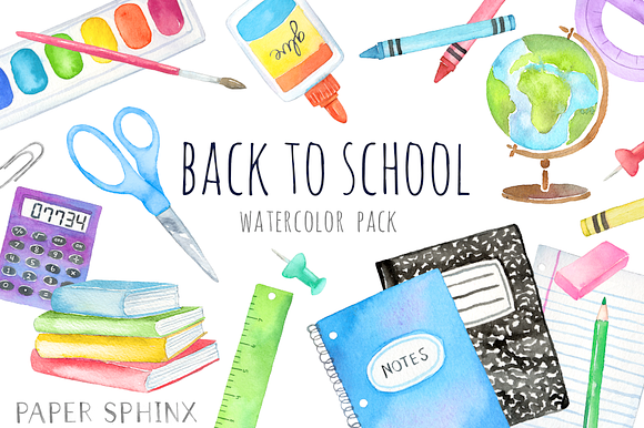 Watercolor School Supplies Art Pack in Illustrations - product preview 2