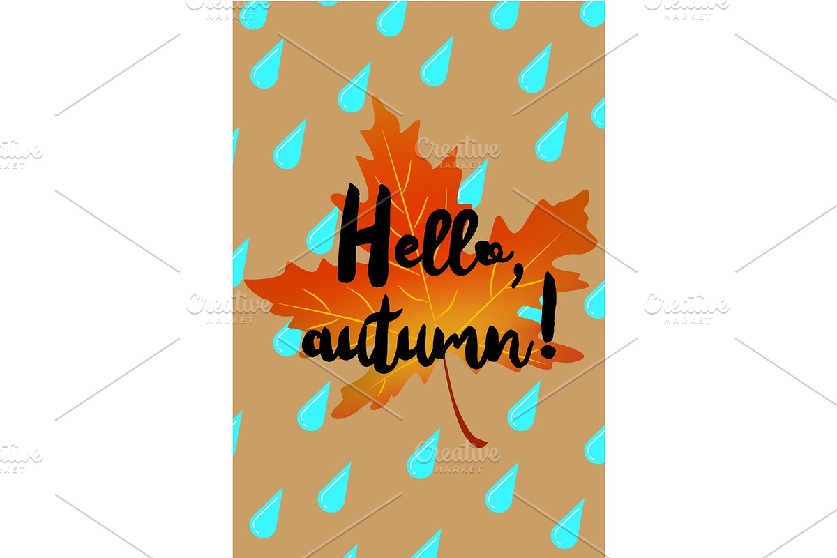 Hello autumn poster with drops of rain and fallen leaf in Illustrations - product preview 8