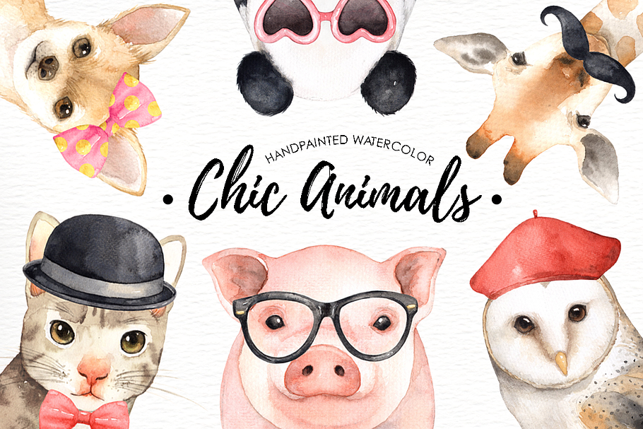 Chic Animals Watercolor Clip Art