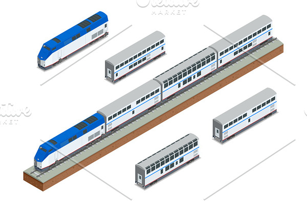 Isometric vector two-story long-distance passenger train closeup