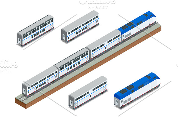 Isometric vector two-story long-distance passenger train closeup