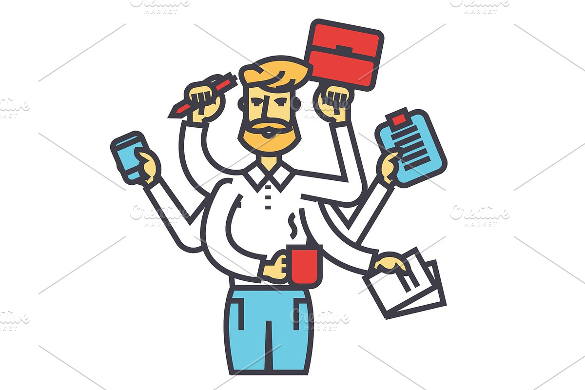 Businessman time management, multitasking ceo, many manager tasks, successful effective planning concept. Line vector icon. Editable stroke. Flat linear illustration isolated on white background in Illustrations - product preview 8