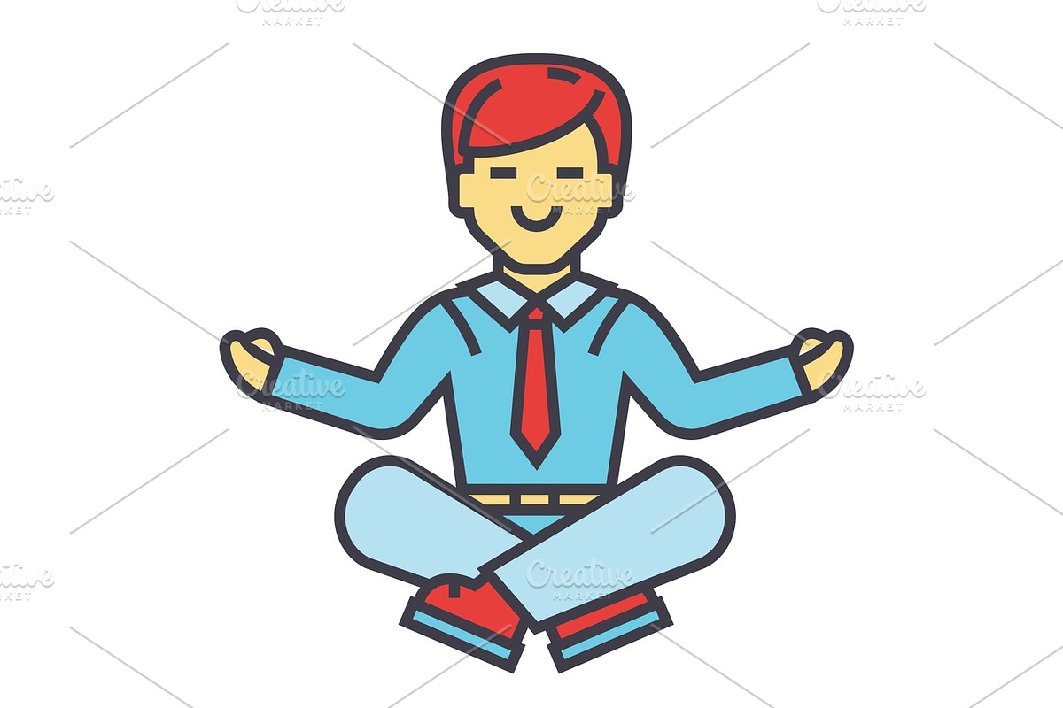 Businessman sitting in yoga pose, business meditation, corporate office worker relaxation concept. Line vector icon. Editable stroke. Flat linear illustration isolated on white background in Illustrations - product preview 8