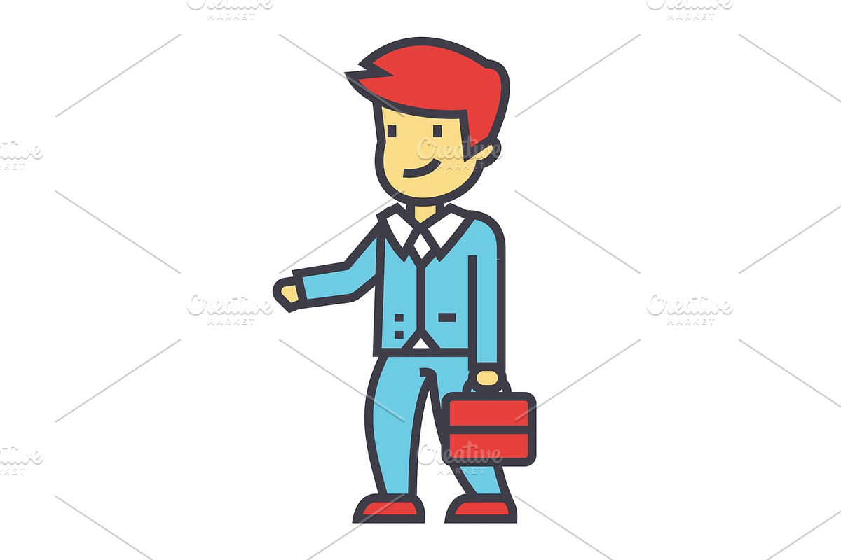 Businessman with case, yappy man in suit, ceo, partnership concept. Line vector icon. Editable stroke. Flat linear illustration isolated on white background in Illustrations - product preview 8