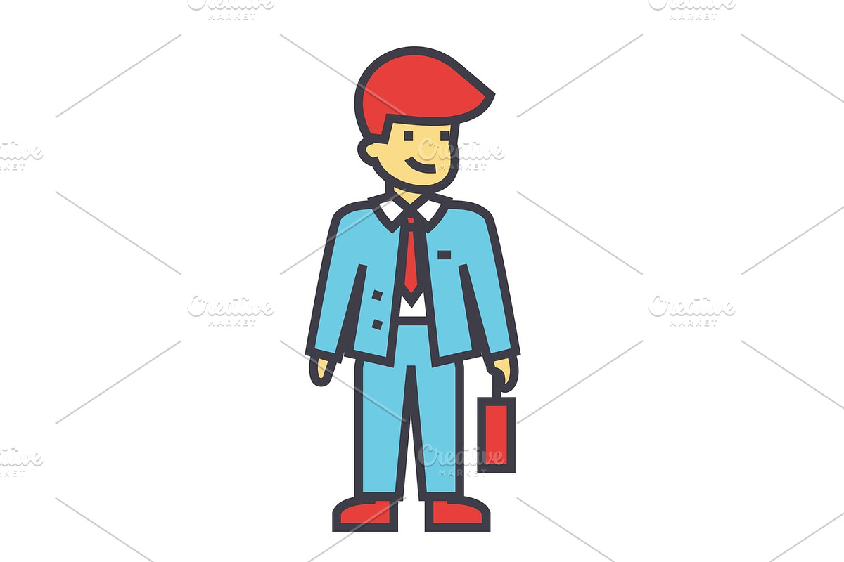 Businessman with case, partner, business support, manager concept. Line vector icon. Editable stroke. Flat linear illustration isolated on white background in Illustrations - product preview 8