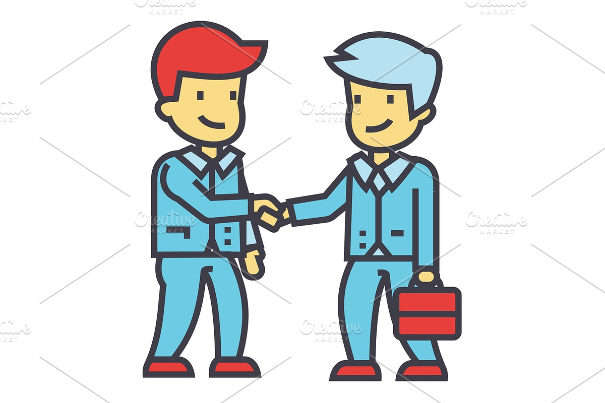 businessmen handshaking, business partnership, working meeting, good deal concept. Line vector icon. Editable stroke. Flat linear illustration isolated on white background in Illustrations - product preview 8