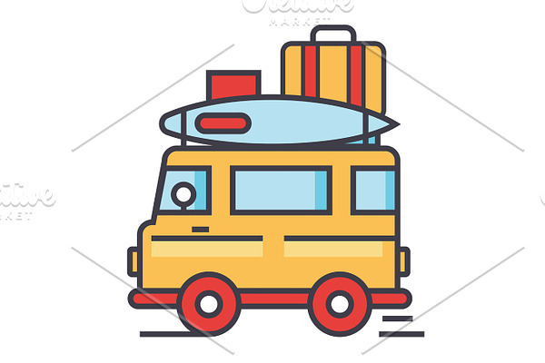 Caravan, travel, camping trailer, van concept. Line vector icon. Editable stroke. Flat linear illustration isolated on white background