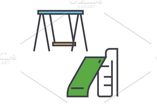 Children slide and swing, park playground equipment concept. Line vector icon. Editable stroke. Flat linear illustration isolated on white background