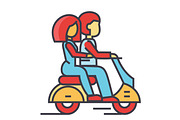 Couple in love riding a motorcycle, happy man with woman driving a scooter concept. Line vector icon. Editable stroke. Flat linear illustration isolated on white background