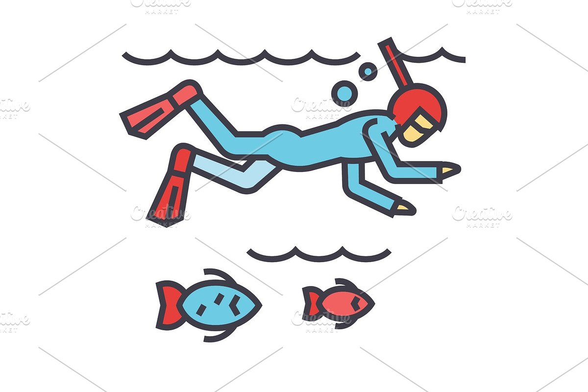 Diving in the sea with fish, scuba diving, snorkeling concept. Line vector icon. Editable stroke. Flat linear illustration isolated on white background in Illustrations - product preview 8