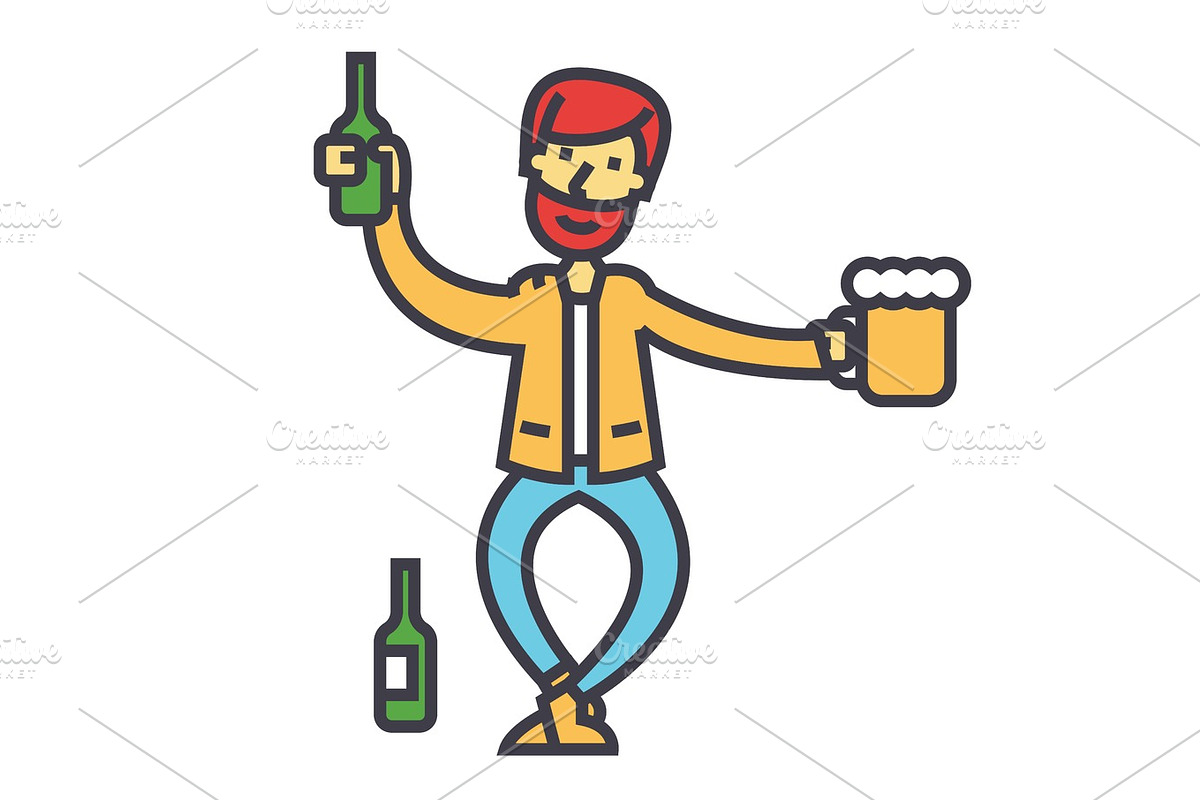 Drunk man, alcoholic, alcoholism concept. Line vector icon. Editable stroke. Flat linear illustration isolated on white background in Illustrations - product preview 8