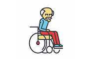 Elder man in wheelchair concept. Line vector icon. Editable stroke. Flat linear illustration isolated on white background