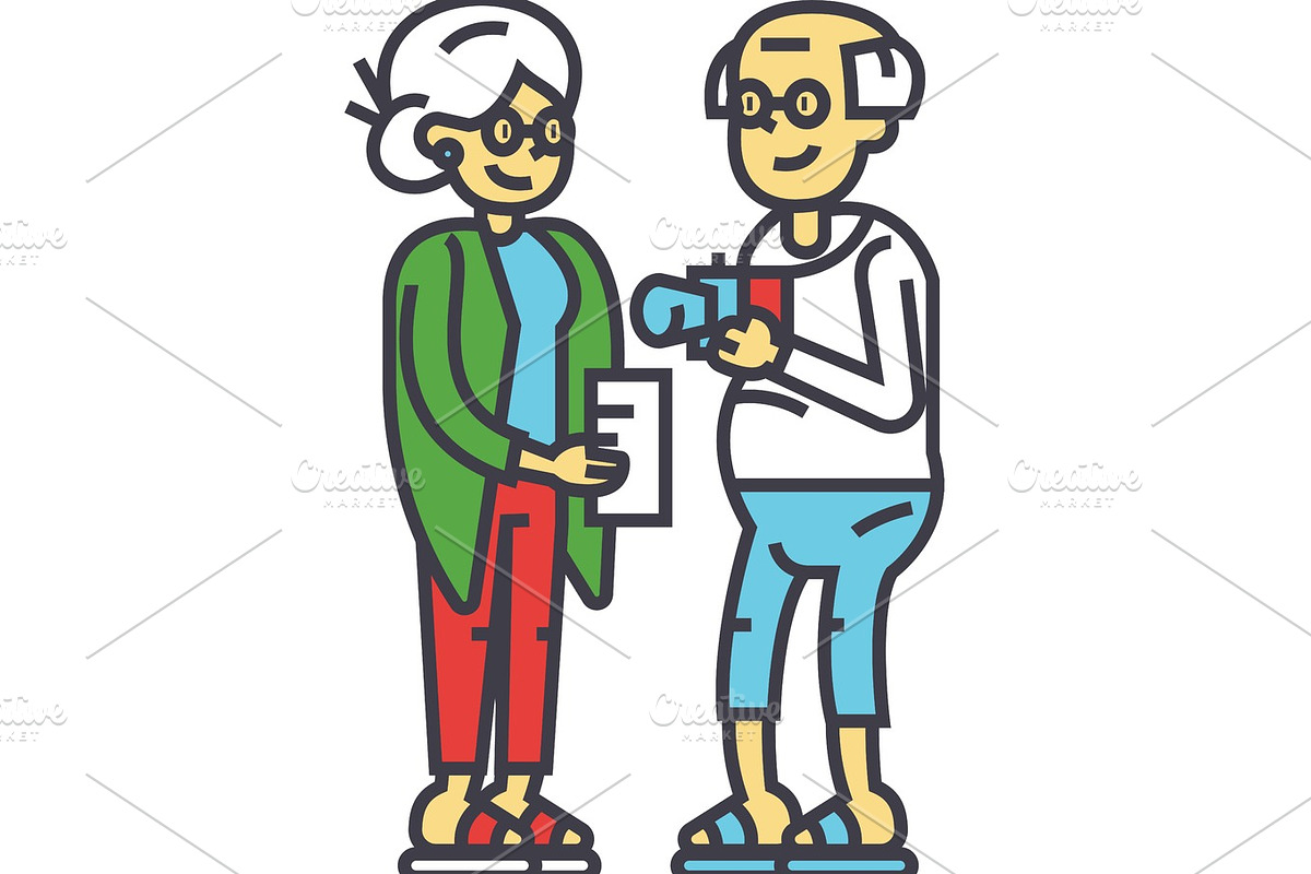Elderly couple family on vacation concept. Line vector icon. Editable stroke. Flat linear illustration isolated on white background in Illustrations - product preview 8