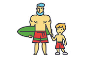 Happy father with son on vacation with surfing board concept. Line vector icon. Editable stroke. Flat linear illustration isolated on white background