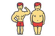 Guy losing weight, fat guy, before and after diet and fitness, slimming young man, male lose weight, concept. Line vector icon. Editable stroke. Flat linear illustration isolated on white background