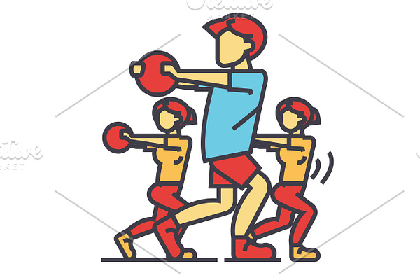 Fitness people in coaching gym concept. Line vector icon. Editable stroke. Flat linear illustration isolated on white background