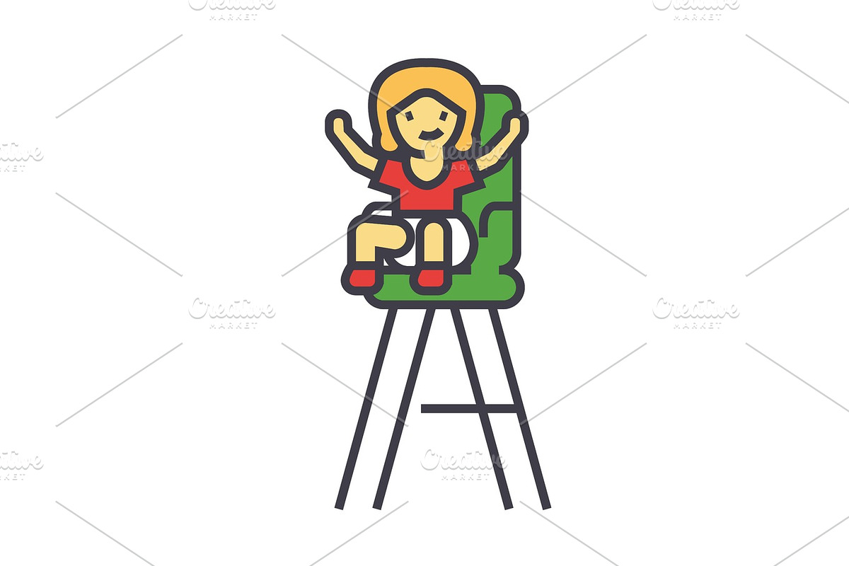 Kid in the child chair concept. Line vector icon. Editable stroke. Flat linear illustration isolated on white background in Illustrations - product preview 8