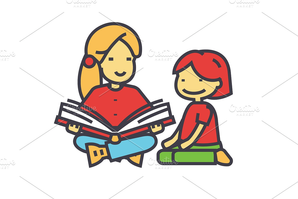 Kindergarten teacher, woman reading book to child concept. Line vector icon. Editable stroke. Flat linear illustration isolated on white background in Illustrations - product preview 8