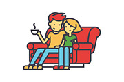 Man and woman sitting on the sofa at home concept. Line vector icon. Editable stroke. Flat linear illustration isolated on white background