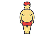 Fat man before diet and fitness concept. Line vector icon. Editable stroke. Flat linear illustration isolated on white background