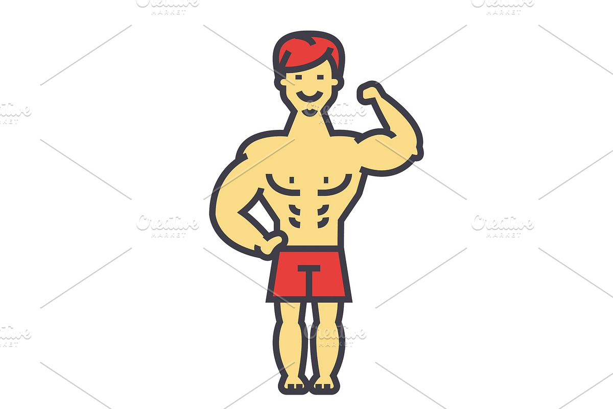 Strong man, bodybuilder, muscles concept. Line vector icon. Editable stroke. Flat linear illustration isolated on white background in Illustrations - product preview 8