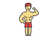 Strong man, bodybuilder, muscles concept. Line vector icon. Editable stroke. Flat linear illustration isolated on white background
