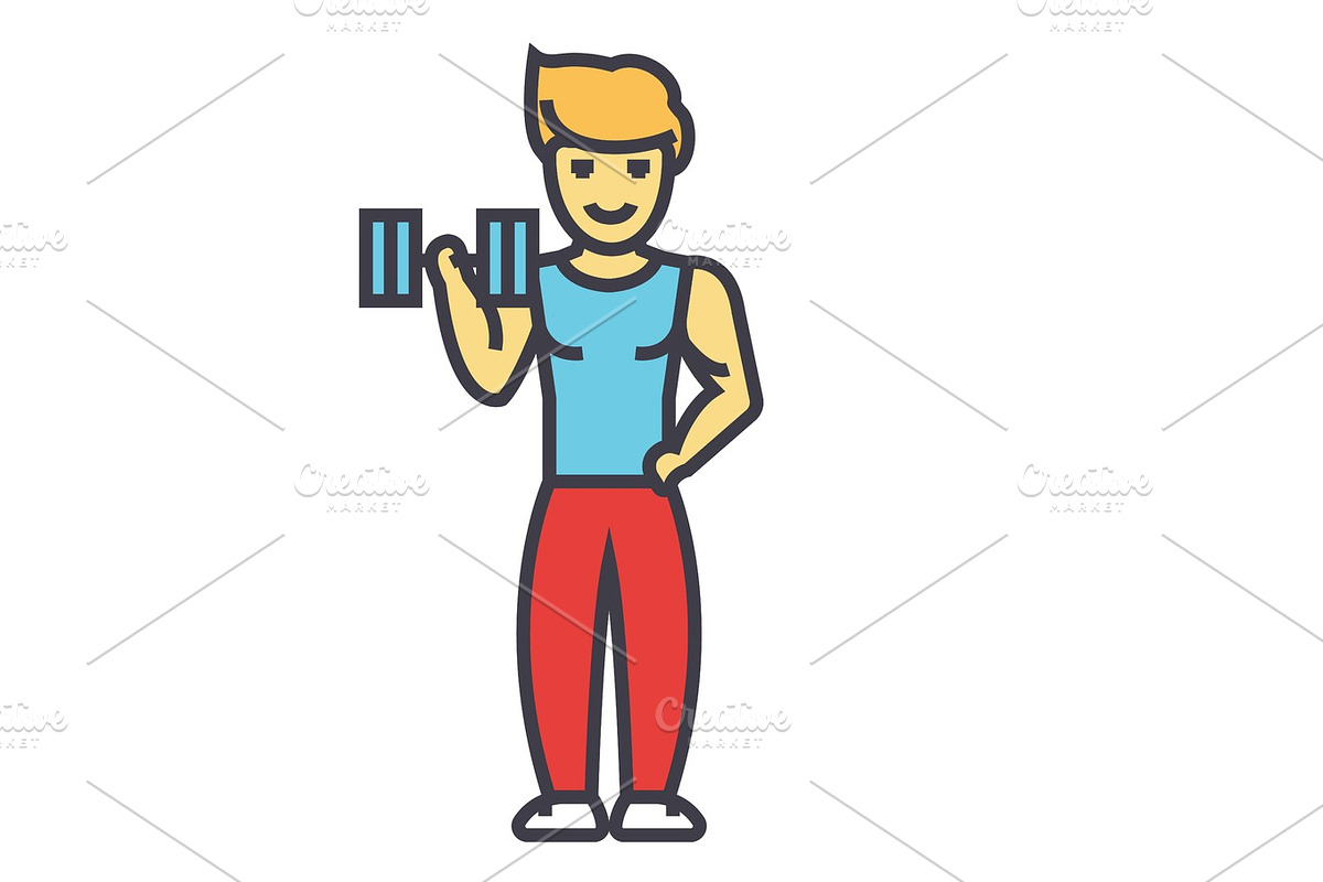 Strong man doing exercises with weights in gym concept. Line vector icon. Editable stroke. Flat linear illustration isolated on white background in Illustrations - product preview 8