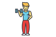 Strong man doing exercises with weights in gym concept. Line vector icon. Editable stroke. Flat linear illustration isolated on white background