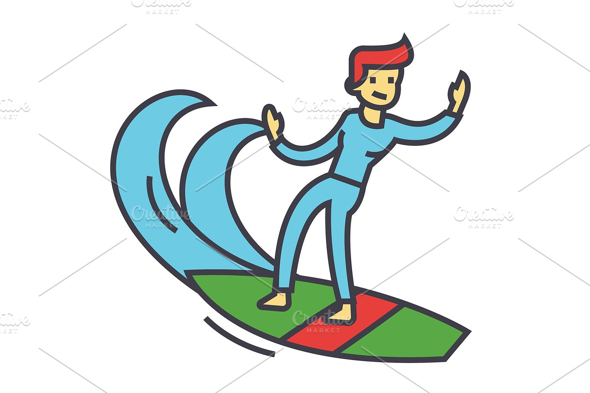 Surfing man, surfer with surfboard concept. Line vector icon. Editable stroke. Flat linear illustration isolated on white background in Illustrations - product preview 8