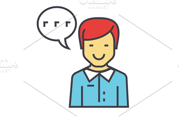 Man talks, client support, customer help service concept. Line vector icon. Editable stroke. Flat linear illustration isolated on white background