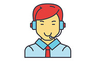 Man with a headset, call center operator, client assistance concept. Line vector icon. Editable stroke. Flat linear illustration isolated on white background