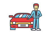 Man buying new car, auto dealer, vehicle dealership, automobile sale, sell transport, agent, salesman concept. Line vector icon. Editable stroke. Flat linear illustration isolated on white background