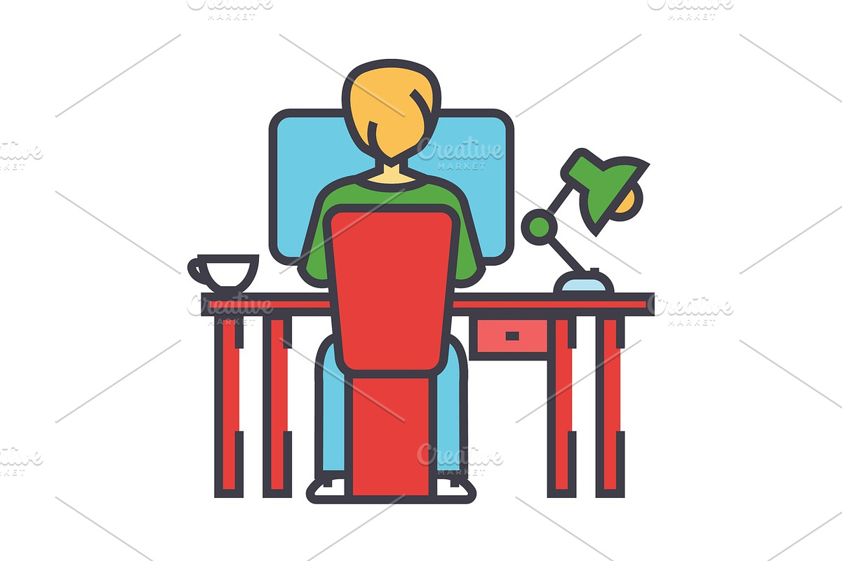 Young man working on computer sitting behind the office desk concept. Line vector icon. Editable stroke. Flat linear illustration isolated on white background in Illustrations - product preview 8